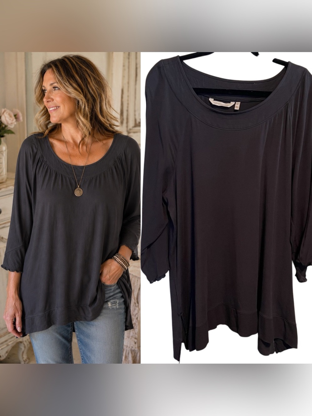 Soft Surroundings Black Modal Tunic Blouse 1X | 3/4 Sleeve Relaxed Shabby Chic